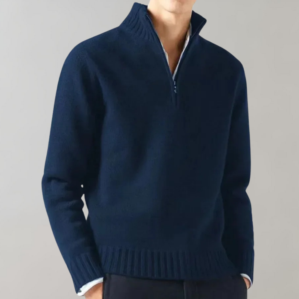 Men's Half-Zip Pullover Sweater with Ribbed Collar — Navy Blue — Alfa Empire, view 4