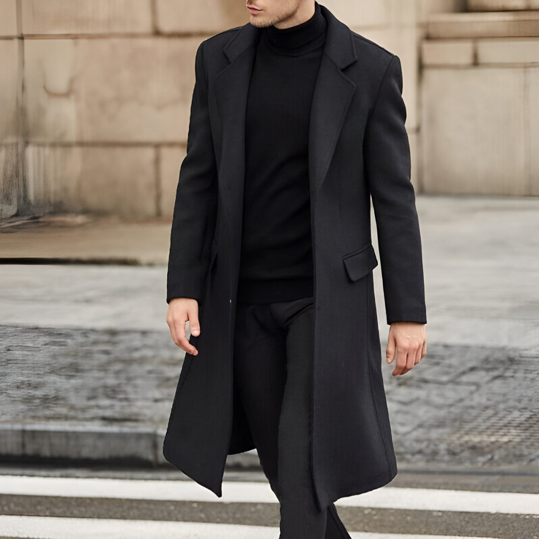 Men's Notched Lapel Overcoat Long Single-Breasted — Black — Alfa Empire, view 1