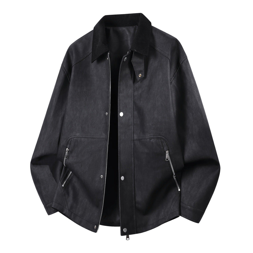 Men's Oversized Harrington Jacket Cord Collar Snap Front — Black — Alfa Empire, view 1