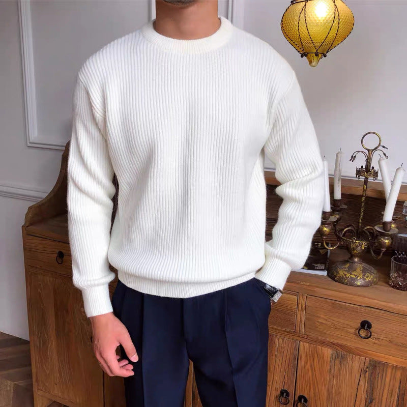 Men's Ribbed Crew Neck Sweater Long Sleeve Pullover — White — Alfa Empire, view 1