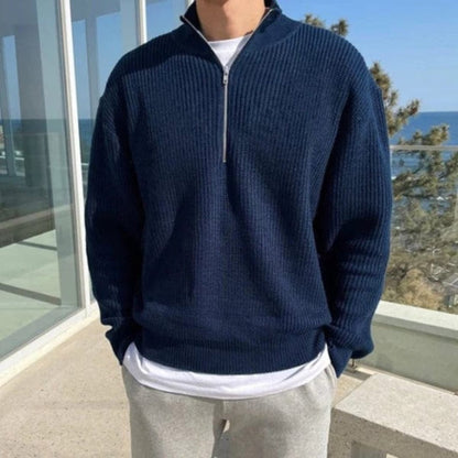 Men's Ribbed Half-Zip Pullover Sweater with Stand Collar — Blue — Alfa Empire, view 1