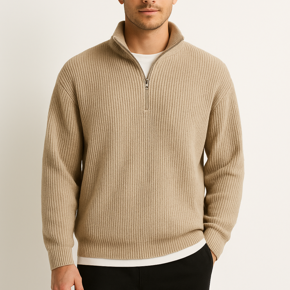 Men's Ribbed Half-Zip Pullover Sweater with Stand Collar — Beige — Alfa Empire, view 2
