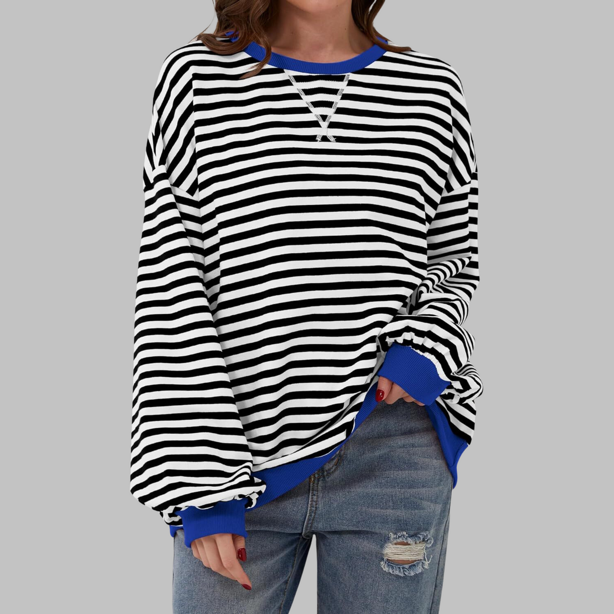 Damesweatshirt med striber, kontrastdetaljer og rund hals — Alfa Empire, billede 4
