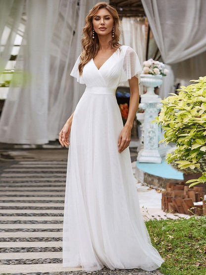 Tulle Double V-Neck Floor-Length Short Sleeve Bridesmaid Dress — White
