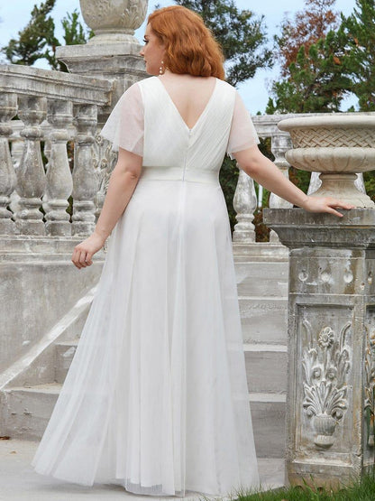 Tulle Double V-Neck Floor-Length Short Sleeve Bridesmaid Dress