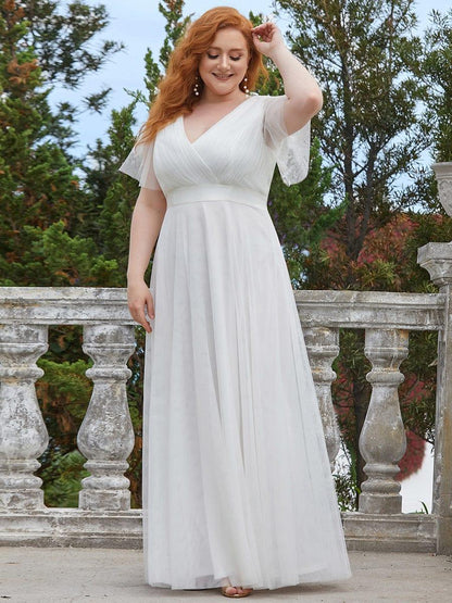 Tulle Double V-Neck Floor-Length Short Sleeve Bridesmaid Dress