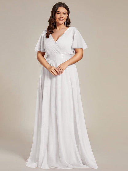 Tulle Double V-Neck Floor-Length Short Sleeve Bridesmaid Dress