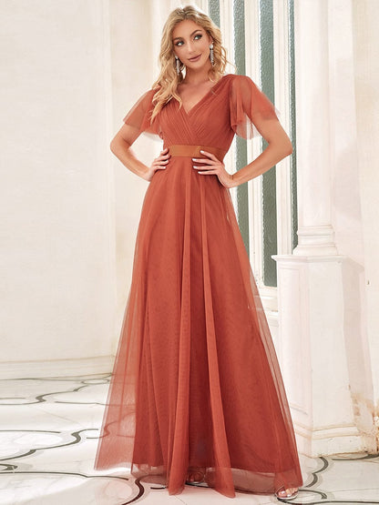 Tulle Double V-Neck Floor-Length Short Sleeve Bridesmaid Dress