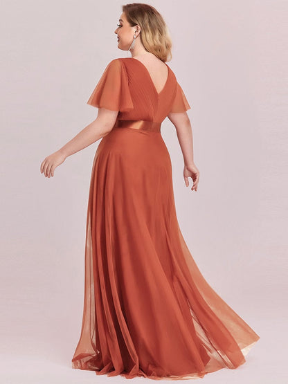 Tulle Double V-Neck Floor-Length Short Sleeve Bridesmaid Dress
