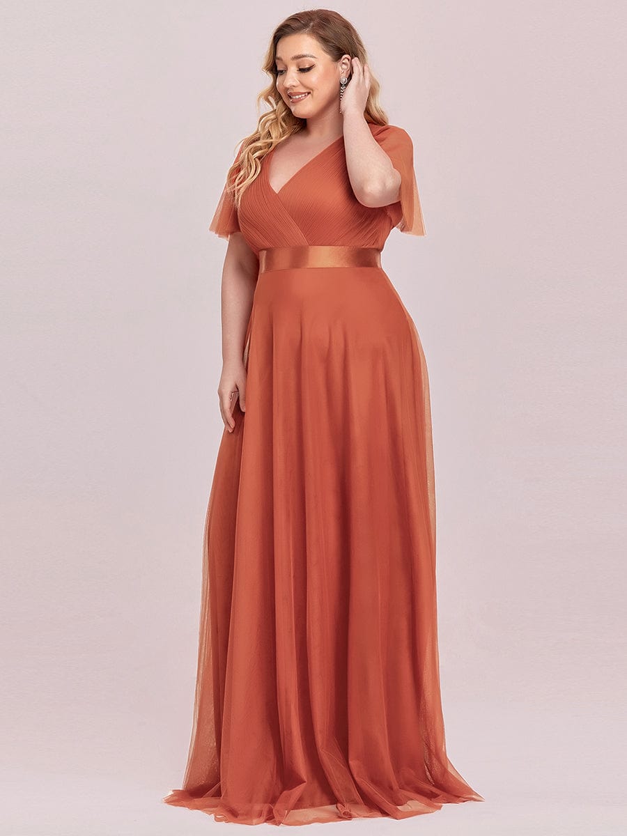 Tulle Double V-Neck Floor-Length Short Sleeve Bridesmaid Dress
