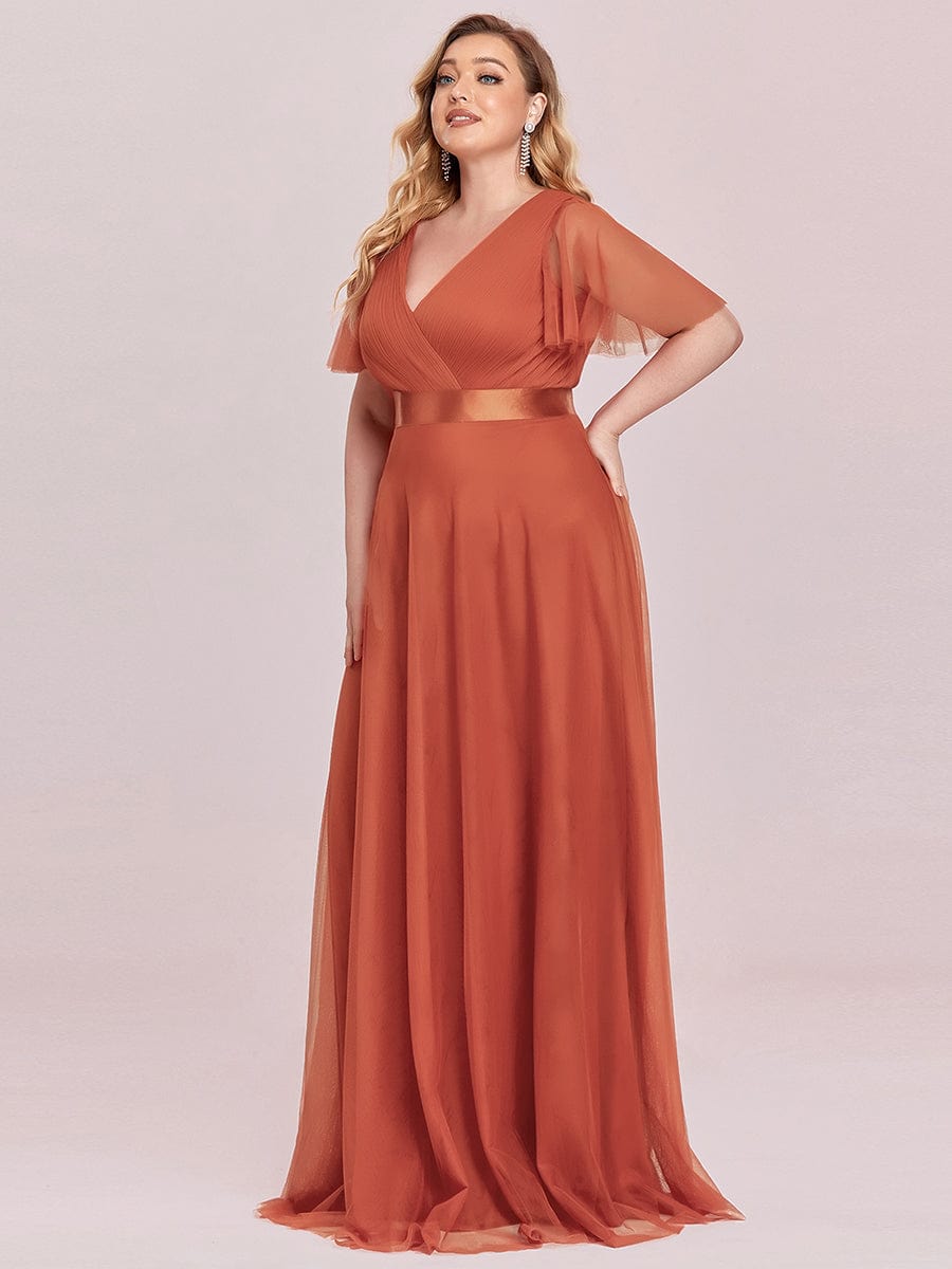 Tulle Double V-Neck Floor-Length Short Sleeve Bridesmaid Dress