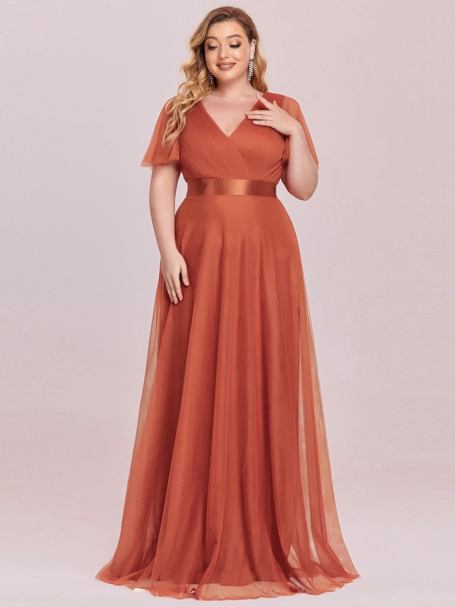 Tulle Double V-Neck Floor-Length Short Sleeve Bridesmaid Dress — Burnt Orange