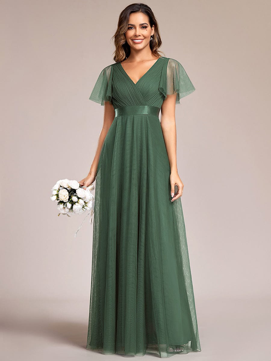 Tulle Double V-Neck Floor-Length Short Sleeve Bridesmaid Dress — Eucalyptus