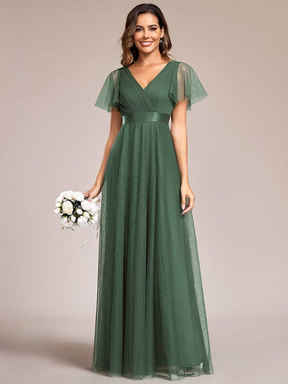 Tulle Double V-Neck Floor-Length Short Sleeve Bridesmaid Dress — Eucalyptus