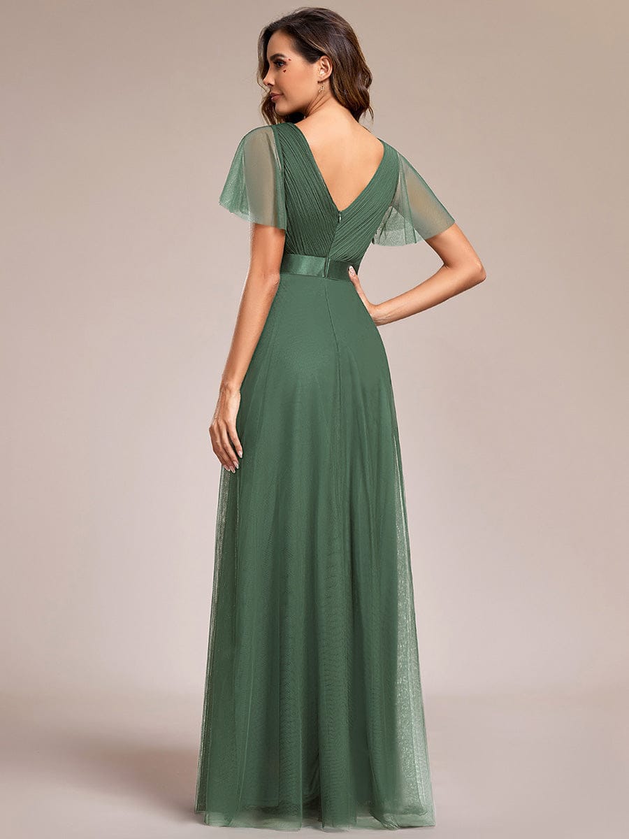 Tulle Double V-Neck Floor-Length Short Sleeve Bridesmaid Dress