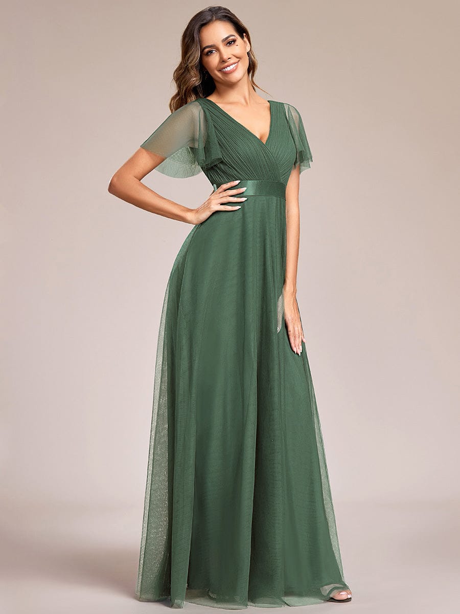 Tulle Double V-Neck Floor-Length Short Sleeve Bridesmaid Dress