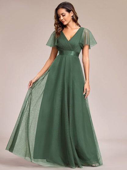 Tulle Double V-Neck Floor-Length Short Sleeve Bridesmaid Dress