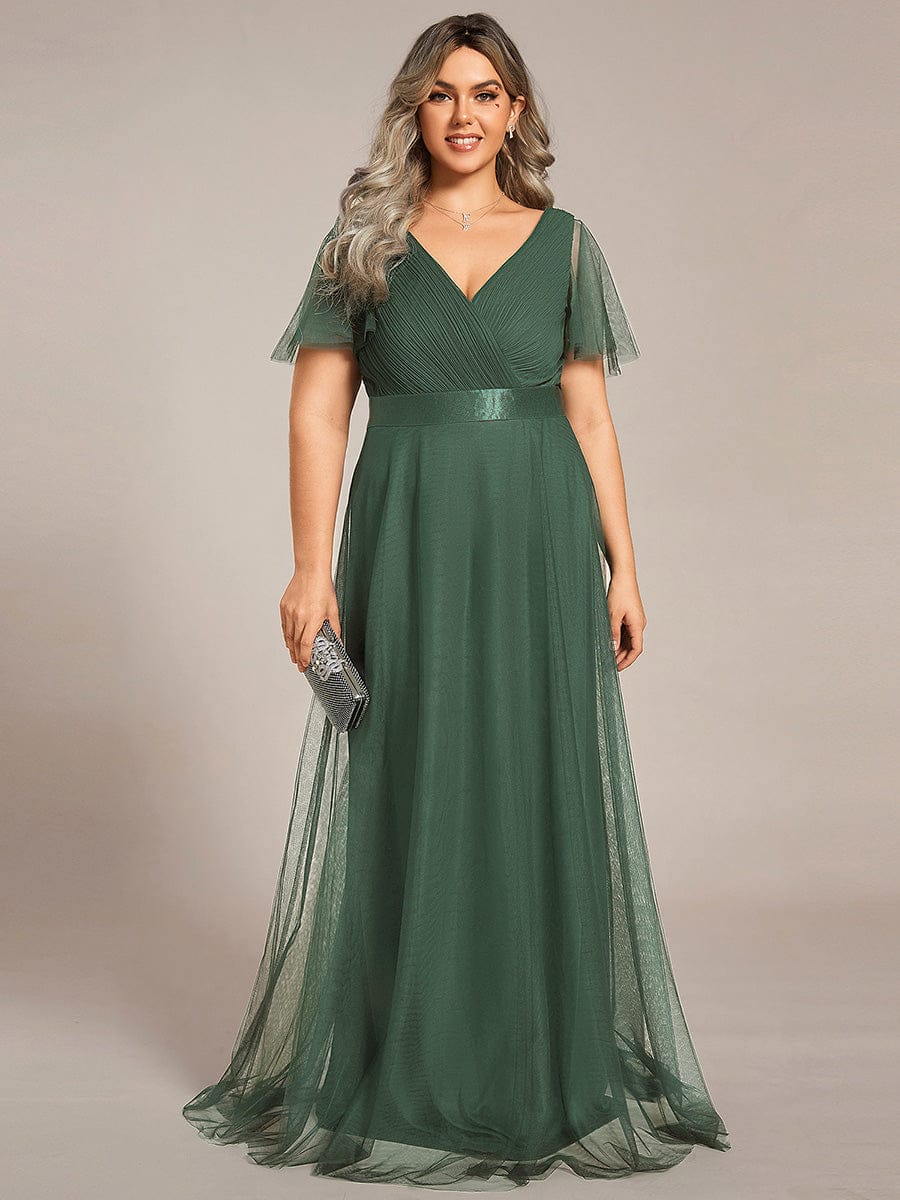 Tulle Double V-Neck Floor-Length Short Sleeve Bridesmaid Dress