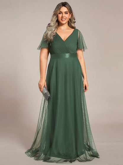Tulle Double V-Neck Floor-Length Short Sleeve Bridesmaid Dress
