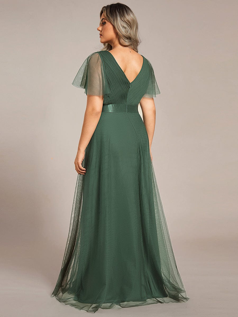 Tulle Double V-Neck Floor-Length Short Sleeve Bridesmaid Dress