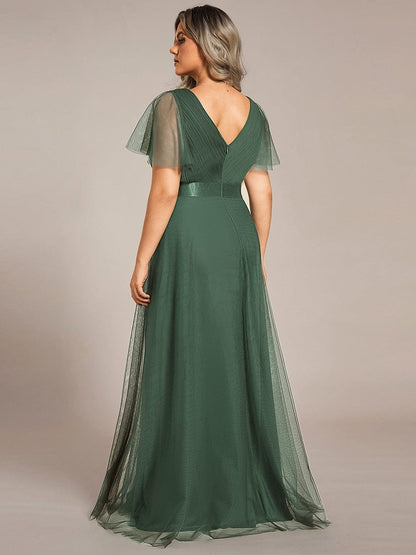 Tulle Double V-Neck Floor-Length Short Sleeve Bridesmaid Dress