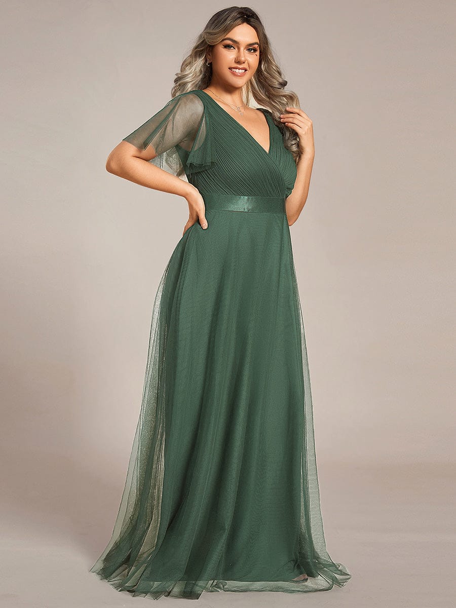 Tulle Double V-Neck Floor-Length Short Sleeve Bridesmaid Dress