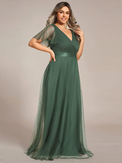 Tulle Double V-Neck Floor-Length Short Sleeve Bridesmaid Dress