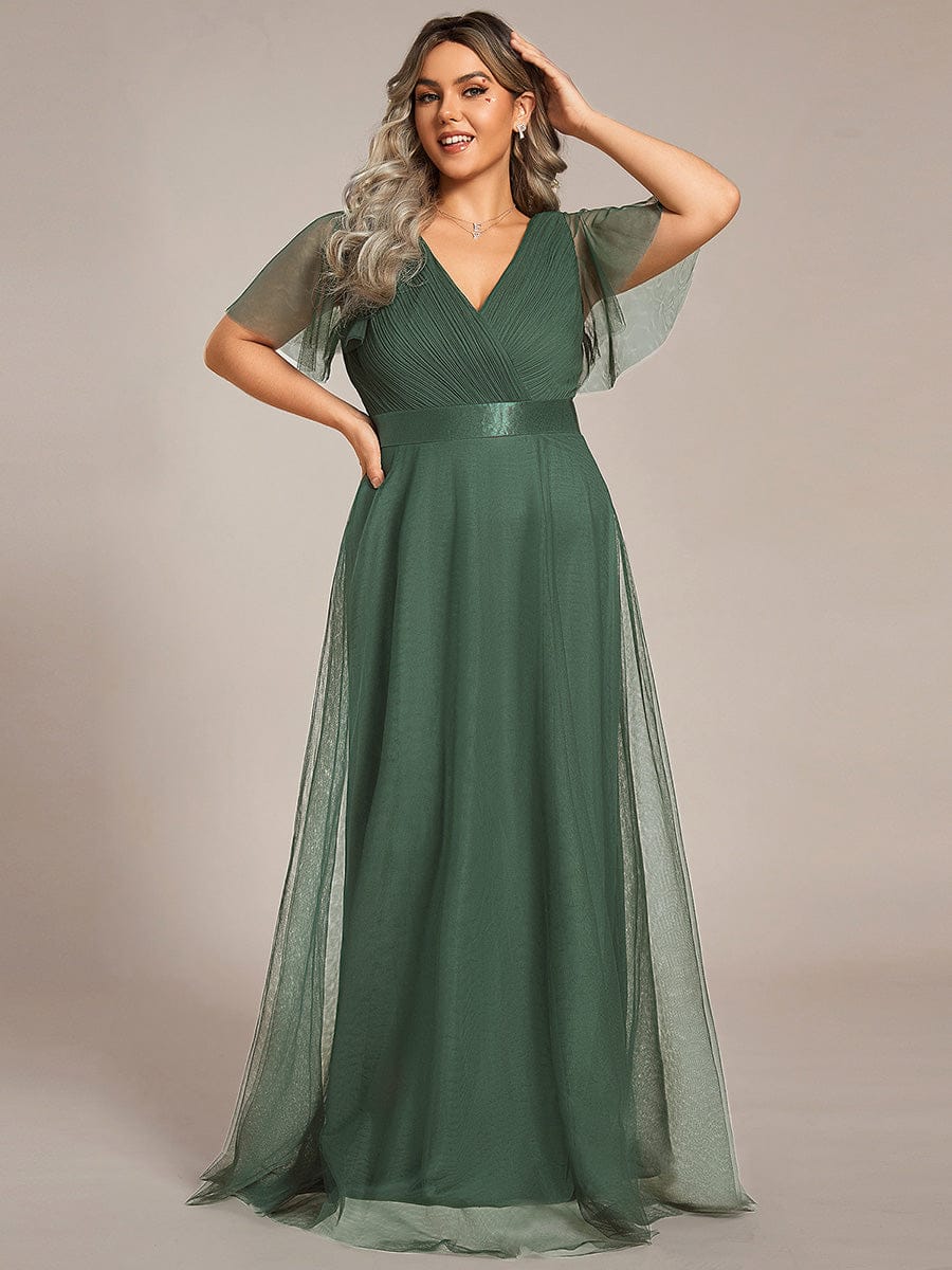 Tulle Double V-Neck Floor-Length Short Sleeve Bridesmaid Dress