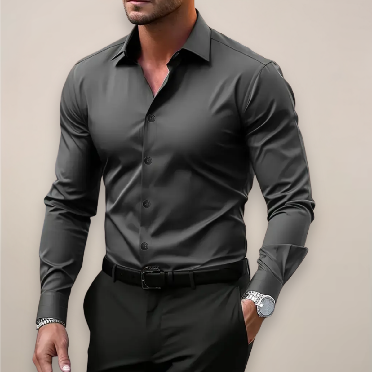 Nathan | Modern Tailored Long Sleeve Shirt — Dark Grey — Alfa Empire, view 1