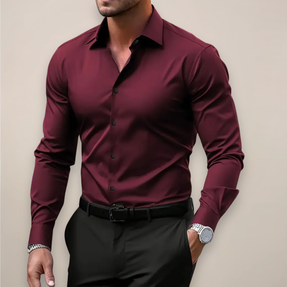 Nathan | Modern Tailored Long Sleeve Shirt — Wine Red — Alfa Empire, view 2