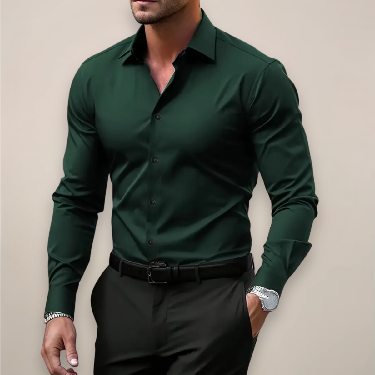 Nathan | Modern Tailored Long Sleeve Shirt — Dark Green — Alfa Empire, view 3