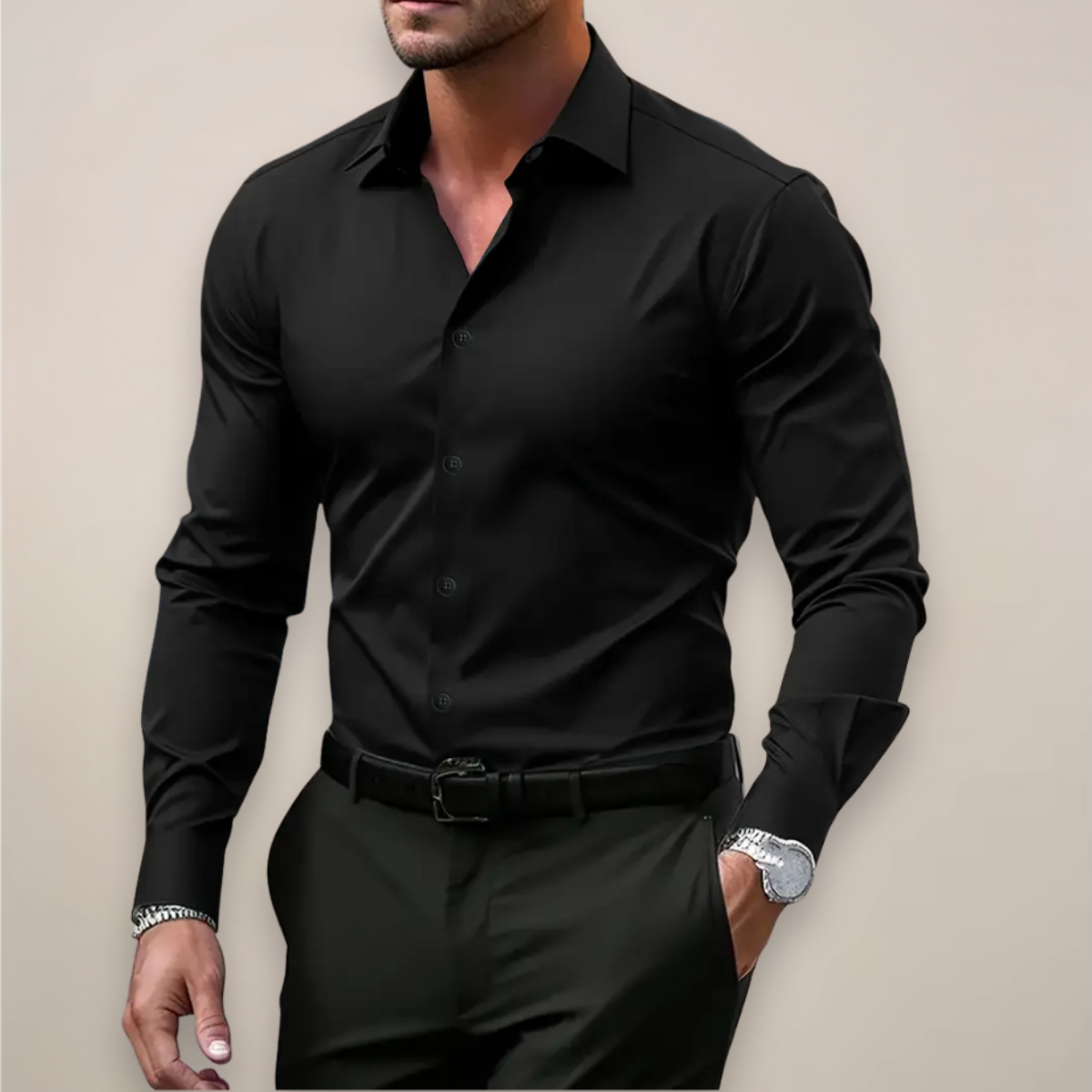 Nathan | Modern Tailored Long Sleeve Shirt — Black — Alfa Empire, view 6