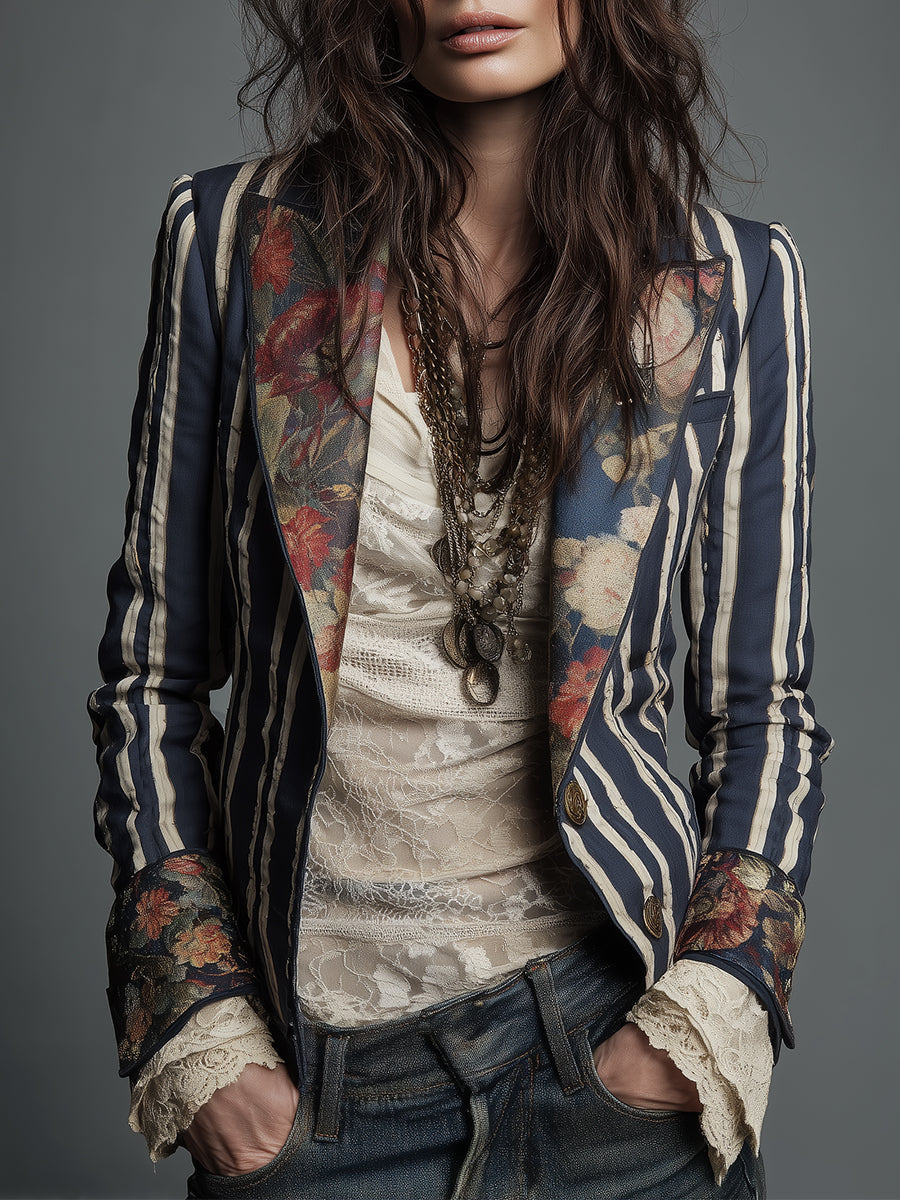 Nina | Classic Retro Bohemian Striped Blazer — Navy Blue — Alfa Empire, view 1