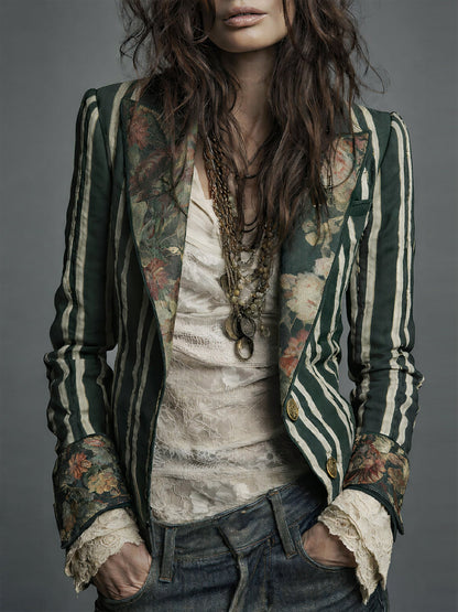 Nina | Classic Retro Bohemian Striped Blazer — Dark Green — Alfa Empire, view 7