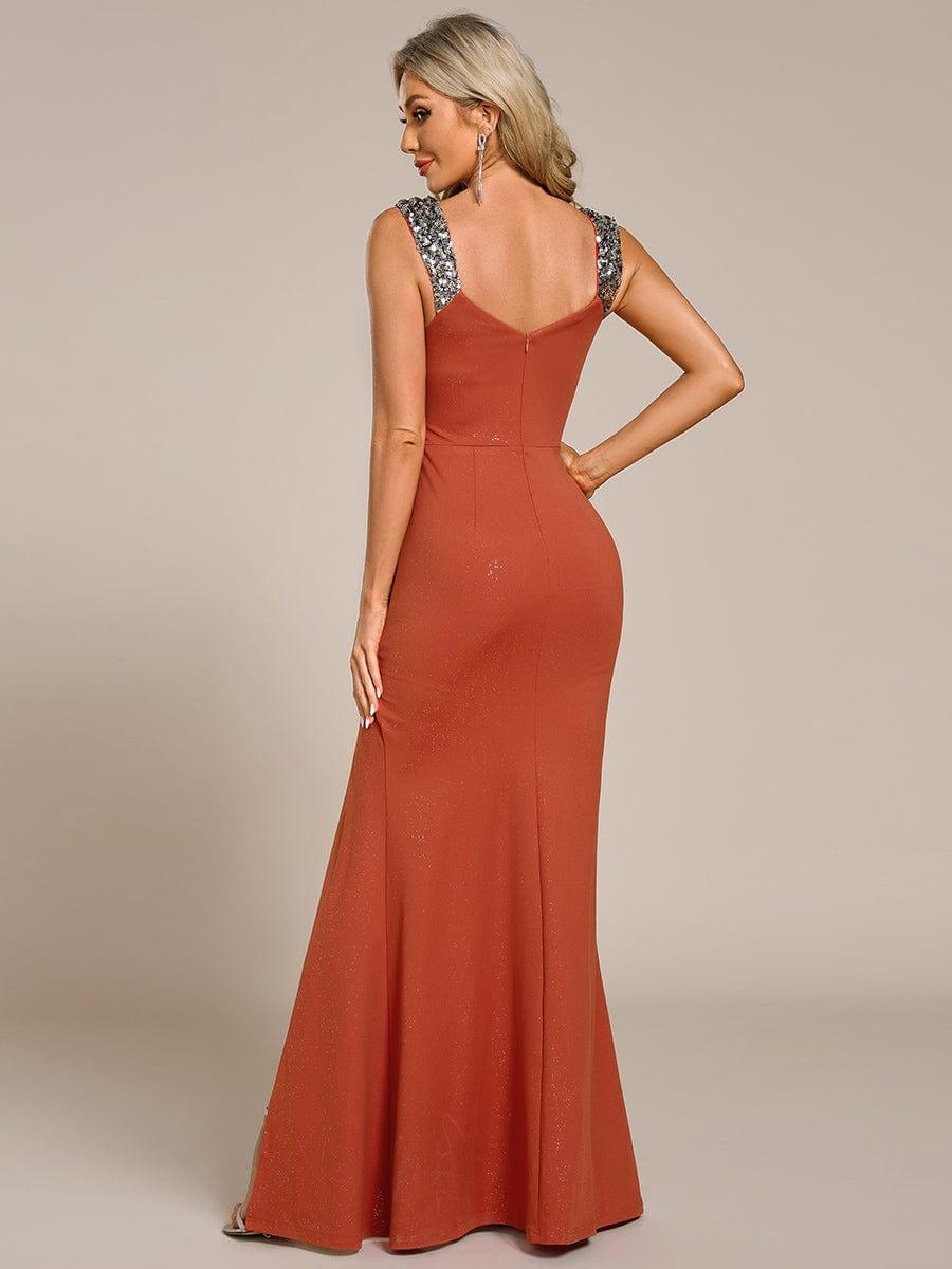 Sequin Glitter V-Neck High Slit Shoulder Strap Wedding Guest Dress
