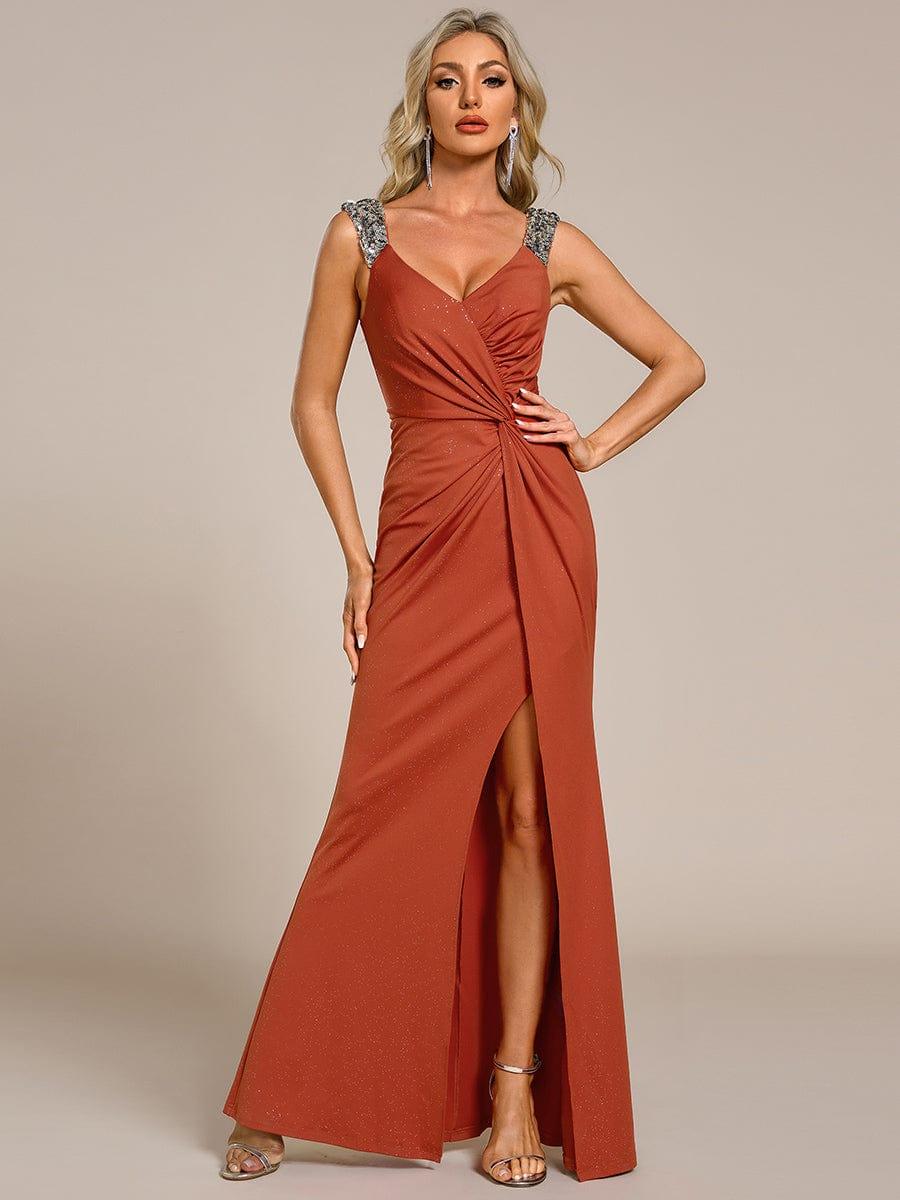 Sequin Glitter V-Neck High Slit Shoulder Strap Wedding Guest Dress