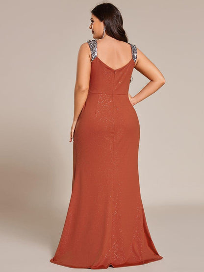 Sequin Glitter V-Neck High Slit Shoulder Strap Wedding Guest Dress