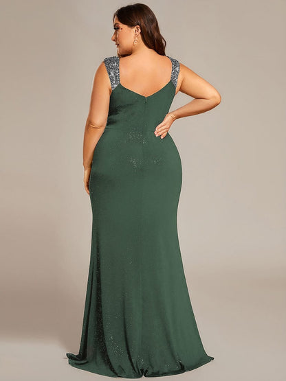 Sequin Glitter V-Neck High Slit Shoulder Strap Wedding Guest Dress
