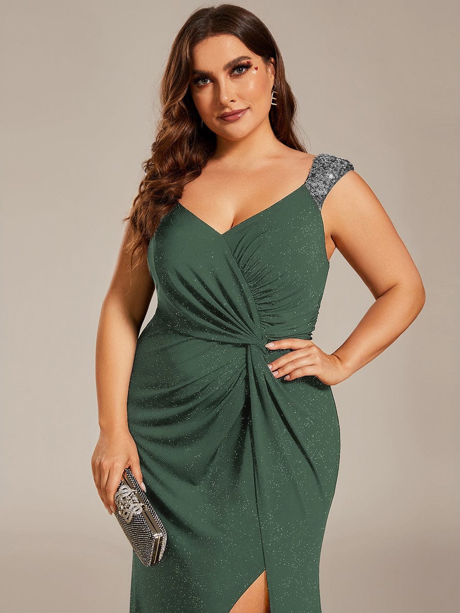 Sequin Glitter V-Neck High Slit Shoulder Strap Wedding Guest Dress