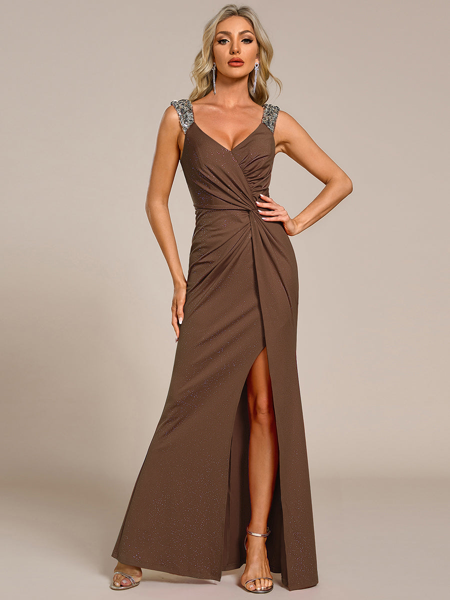 Sequin Glitter V-Neck High Slit Shoulder Strap Wedding Guest Dress — Coffee