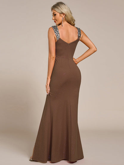 Sequin Glitter V-Neck High Slit Shoulder Strap Wedding Guest Dress