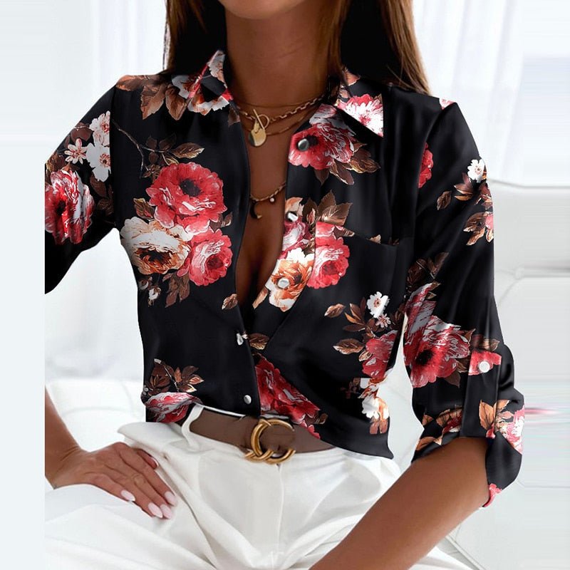 Novalie | Classic Collared Printed Blouse — Black Pink Flowers — Alfa Empire, view 5