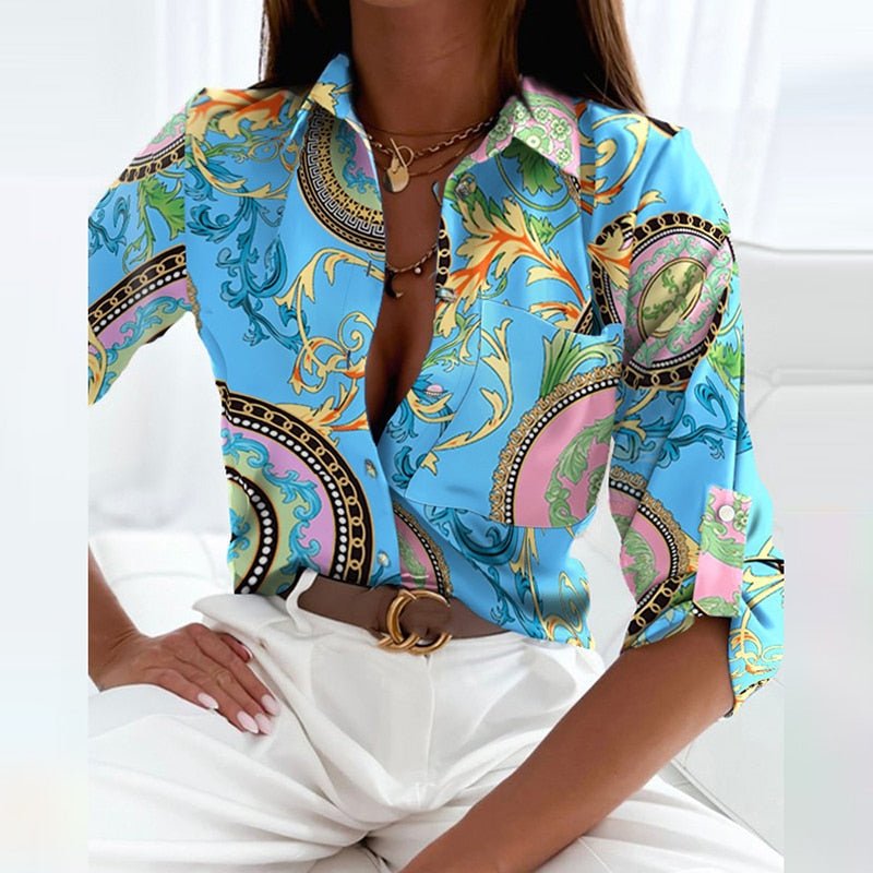 Novalie | Classic Collared Printed Blouse — Light Blue — Alfa Empire, view 7