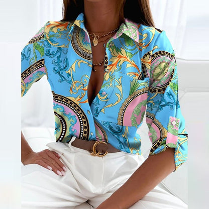 Novalie | Classic Collared Printed Blouse — Light Blue — Alfa Empire, view 7
