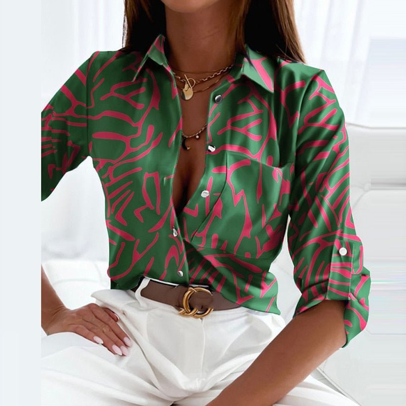 Novalie | Classic Collared Printed Blouse — Green — Alfa Empire, view 15