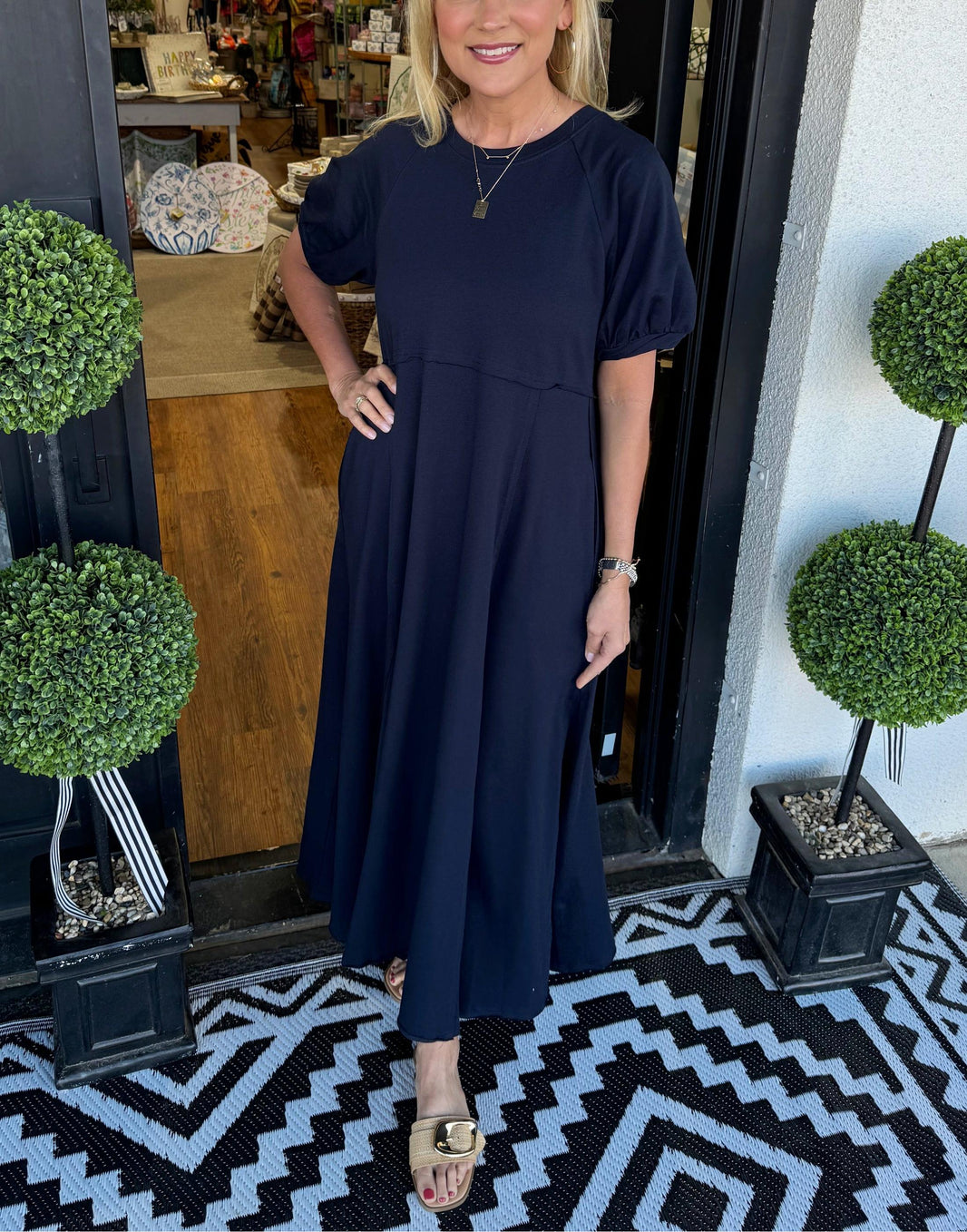 Octavia | Puff Sleeve Round Neck Maxi Dress — Navy Blue — Alfa Empire, view 1