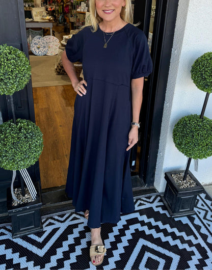 Octavia | Puff Sleeve Round Neck Maxi Dress — Navy Blue — Alfa Empire, view 1