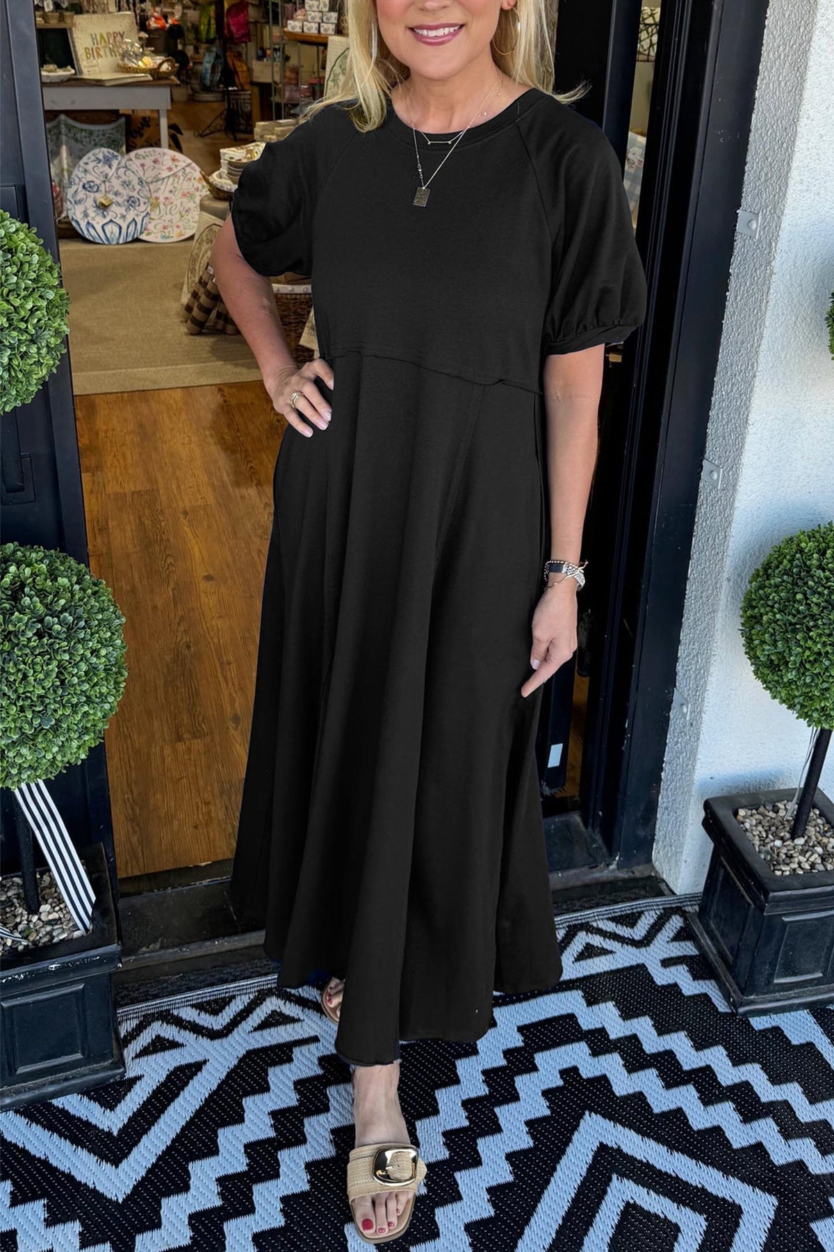 Octavia | Puff Sleeve Round Neck Maxi Dress — Black — Alfa Empire, view 3