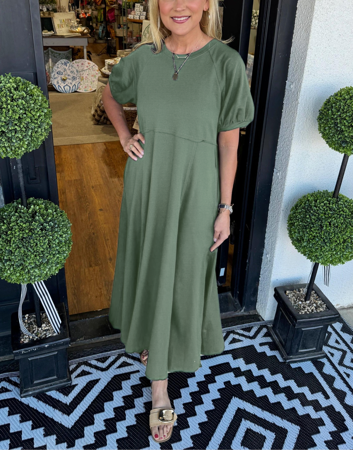 Octavia | Puff Sleeve Round Neck Maxi Dress — Green — Alfa Empire, view 4