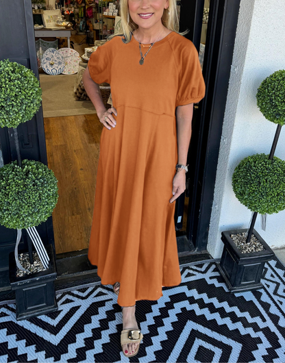 Octavia | Puff Sleeve Round Neck Maxi Dress — Orange — Alfa Empire, view 6